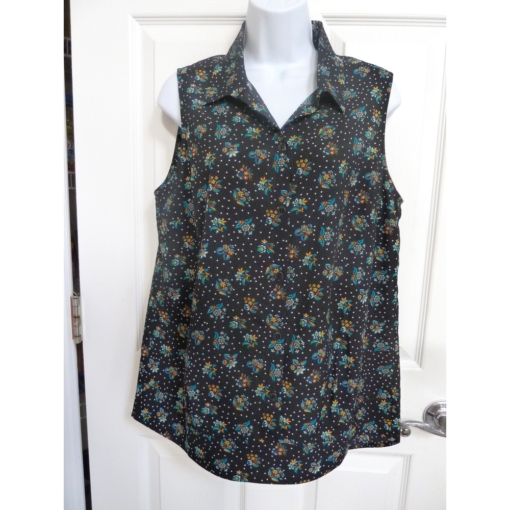 CAbi Sleeveless Blouse Medium Dark Floral Polka Dot Button Front Top 3440